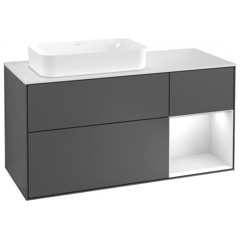 Finion, Meubles sous lavabo, 1200 x 603 x 501 mm, Angulaire,avec meuble étagère (éclairé), modèle suspendu, En bois, lavabo à gauche, éclairage LED, 1x LED / 2,3W, 2x LED / 4,2W, 2700 K à 6480 K, Blac