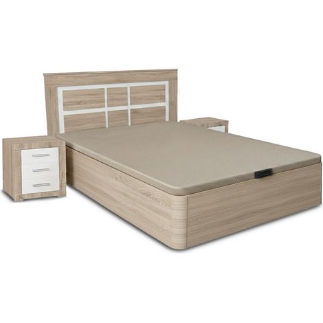 Pack Cama Canape Cambria 135cm + Cabecero y 2 Mesitas de Noche Cambria y Blanco