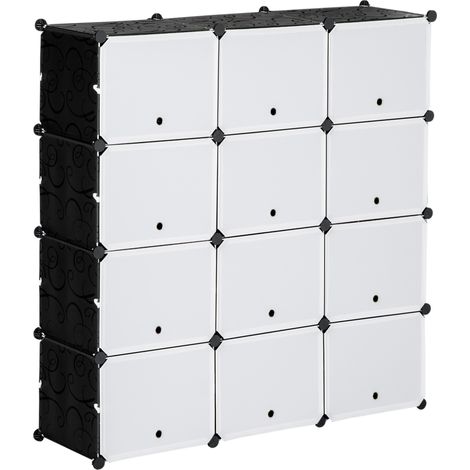 Modulares Schuhregal mit 12 Fächern aus Kunststoff und Stahl, schwarz/weiß, 125 x 32 x 125 cm (1/5)