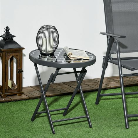 Table basse pliante table d'appoint pliante plateau en verre trempé motifs noirs et blancs en métal Ø 45 x 50 cm noir