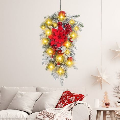 Couronne de Noël renversée avec branches pin artificielles fleurs rouges et baies idéale pour décorer votre porte d'entrée Lumière 50cm (1/5)