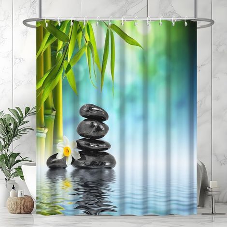 1 Rideau Douche, 180x200cm, Motif Bambou, Polyester Imperméable, 12 Crochets, Pour Salle De Bain