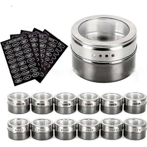 12 pots à épices magnétiques avec étiquettes, 12 boîtes de rangement pour épices (1/4)