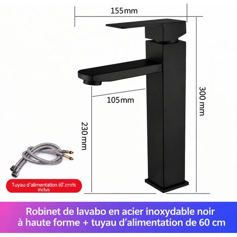 Mitigeur de lavabo surélevé carré en acier inoxydable 304 noir avec flexibles 60 cm noir 60 réf 9806 700 g – Livraison gratuite
