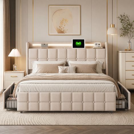 Superaly Lit Capitonné Adulte 180x200 cm, étagère de rangement de chevet, Lit Double avec 4 Tiroirs, Éclairage LED, Port USB, 2 Prises Européennes, Style Moderne Classique, Lin, Beige (1/5)