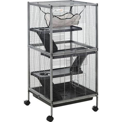 Cage pour Petits Rongeurs en Acier, Habitat pour Cochons d'Inde et Chinchillas avec 3 Niveaux, 4 Roulettes, Hamac et Bac Amovible, 52 x 52 x 113.5 cm, Gris Argenté (1/5)