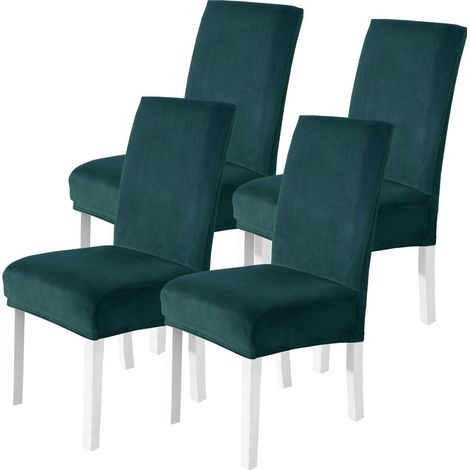 Stuhlhussen Samt 4er Set Dunkelgrün, Stretch Stuhlbezug für Hochlehner & Schwingstühle (1/5)