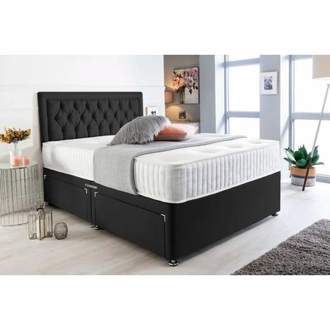 4FT6 Double Black Suede Divan Bed set with 20'' Headboard & 10'' spring foam Mattress with 2 Drawers.