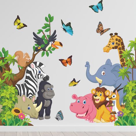 BEBUSINGOTO juego de pegatinas de pared de animales de la selva, diseño de elefante, león, cebra y mariposa, para niños y bebés, arte de pared DIY para habitación de bebé y sala de juegos. (1/5)