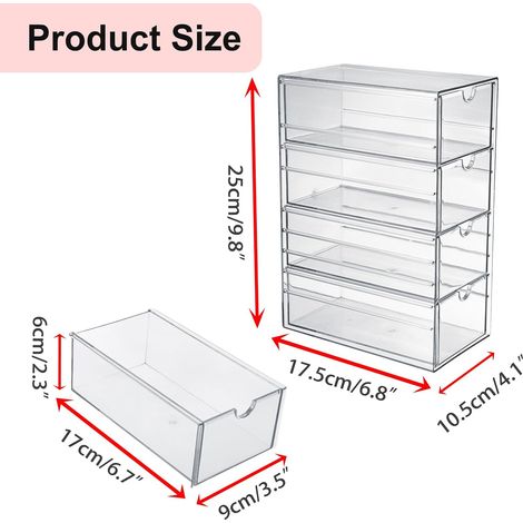 Scatola trasparente per accessori per capelli con 4 cassetti ideale per organizzare accessori in bagno, armadio, mobile e cassetti dell'ufficio 25×17×10 cm. (1/2)