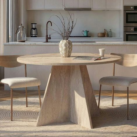 Pier Import – Table à manger ronde effet travertin Ø120 cm – Hauteur 75 cm – MDF mélaminé décoré – Meuble à monter – Poids 38 kg (1/5)
