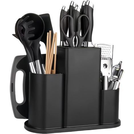 Bloc Couteaux Vide Carré, 4 en 1 Bloc à Couteaux Universel, Porte Couteaux de Cuisine Stable, Support Rangement Couteaux, Range Couteaux Grand Volume avec Trou Vidange & Fentes de Ustensiles (Noir) (1/5)