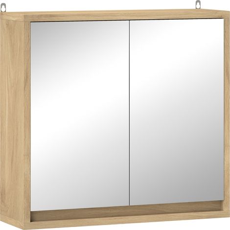 Meuble de salle de bain avec miroir, 2 portes et étagère réglable, style moderne, fixation murale, 48 x 14,5 x 45 cm, naturel - matériau durable, installation facile, adapté aux oiseaux, design ergono