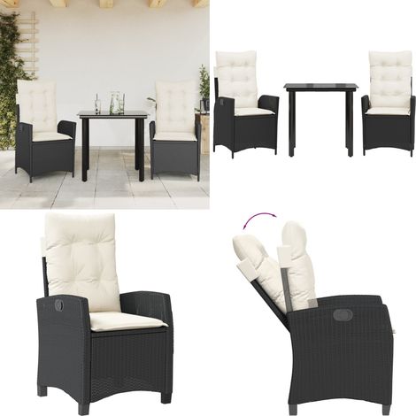 3-tlg. Garten-Essgruppe mit Kissen Schwarz Poly Rattan - Gartenstuhl - Gartentisch (1/5)