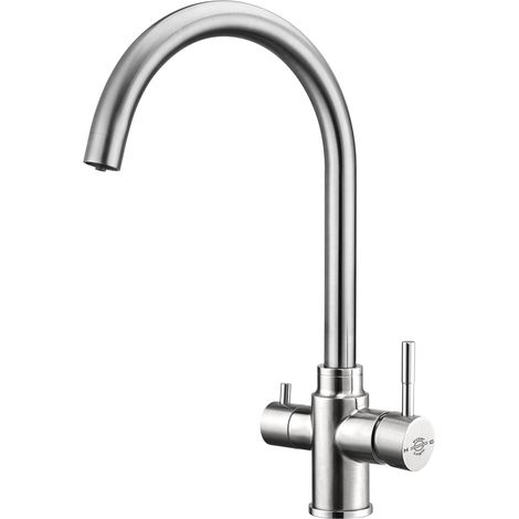 FilterLogic Tazmin 3 Way Triflow Monobloc Mixer Kitchen Filter Tap - Brushed Steel with Free Filter System