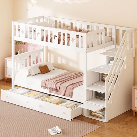 Lettino a castello per bambini 90 x 200 cm bianco con scala contenitore, 2 cassetti e rete a doghe (1/5)