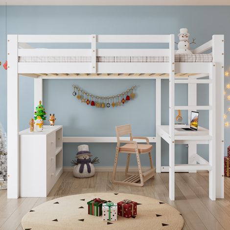 Lit mezzanine enfant - 90x200 cm - Bureau intégré - Armoire à tiroirs - Étagère de rangement - Échelle à quatre niveaux (1/5)