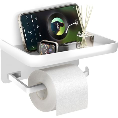 Porte Papier Toilette Mural Support Papier Toilette Murale sans Percage Derouleur Porte Rouleau WC DéRouleur DéVidoir, Salle de Bain Accessoire (Blanc) (1/5)