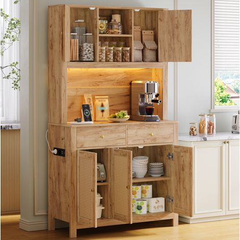 Armario de cocina 100x40x180 cm, con LED RGB y enchufes, 2 cajones, puertas de ratán, MDF color natural (1/5)
