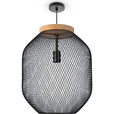 Paco Home Pendelleuchte Esszimmerlampe Korblampen Metall Hängelampe Küche Industrie E27 Pendelleuchte - Typ 3, Schwarz-Holz(Ø40cm)