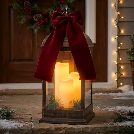 XXL Laterne antik bronze mit 3 LED Kerzen mit Timer Funktion für Außen - 60 x 23 cm - Kunststoff Windlicht warm weiß beleuchtet batteriebetrieben