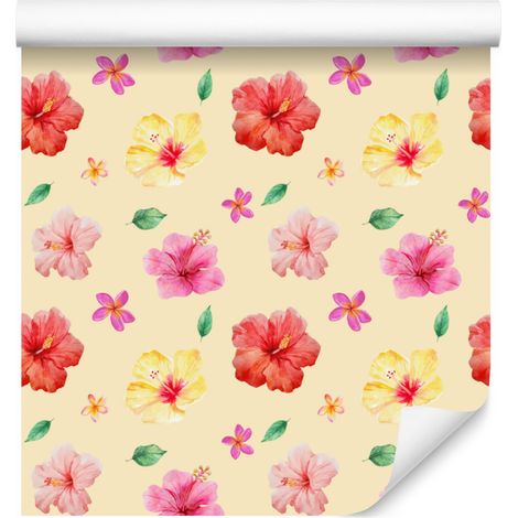 Papier peint fleuri crème et corail pour salon et chambre 50x1000 cm (1/5)