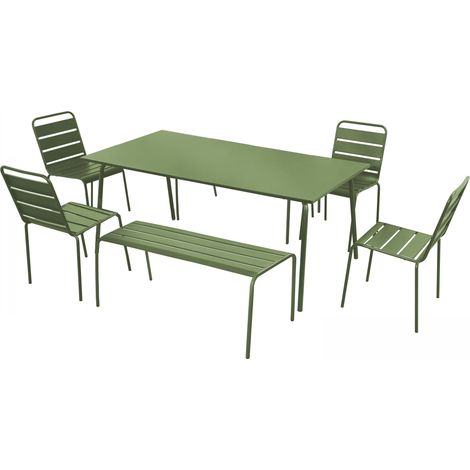 Salon de jardin 2 bancs et 4 chaises en acier vert cactus - Palavas