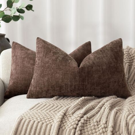 Lot de 2 housses de coussin en chenille texturée, couleur unie neutre, style champêtre, pour canapé, fauteuil, chambre, salon, coussin lombaire, 30 x 50 cm, rouge marron (1/5)