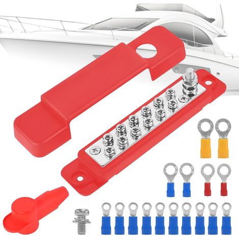 Jeu De Barres 12V-48V Dc 150A Busbar 12P Faisceau De Câbles Avec Vis De Serrage M6 Et Couvercle De Protection En Nylon Adapté Aux Camping-Cars Et Aux Yachts (Rouge) (1/5)