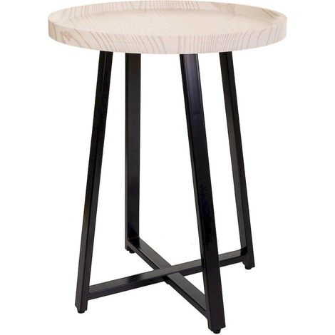 Table d appoint blanche élégante en mdf et fer design contemporain - Blanc bois naturel et pieds noirs (1/5)