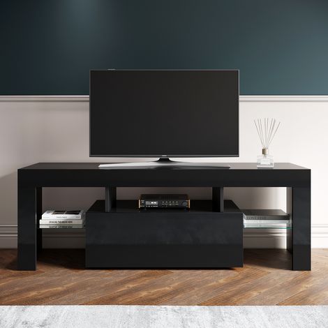 ELEGANT Modern TV Unit Stand High Gloss Black with RGB LED Lights 130cm Cabinet (1/5)