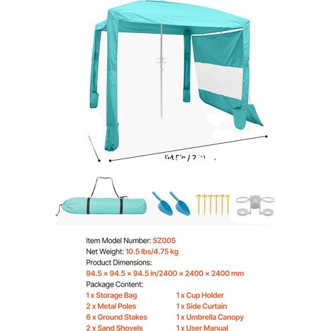 Abri de Plage, Hauteur Réglable, Protection UV, Vert clair (1/2)
