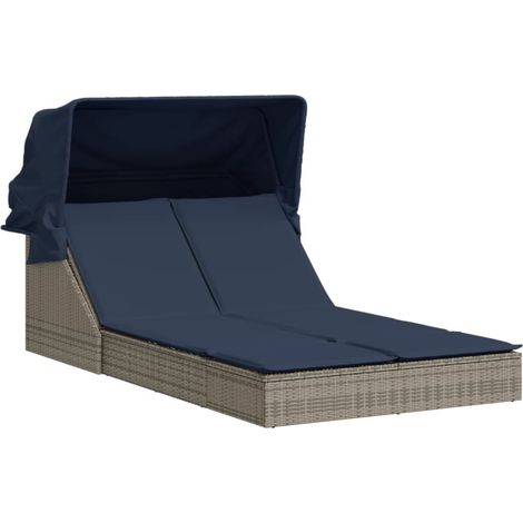 Chaise longue Transat Bain de soleil double et auvent et coussins gris résine tressée (1/5)