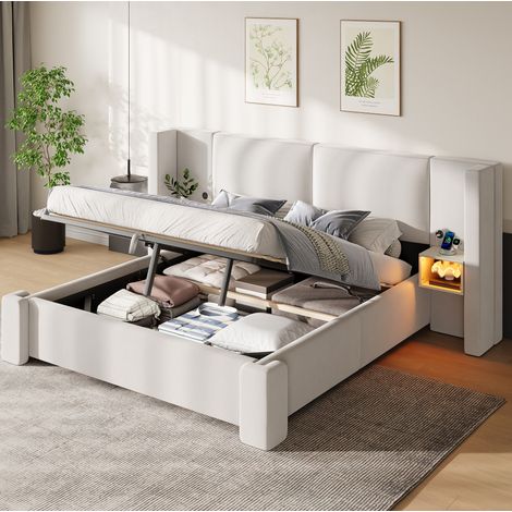 Lit coffre adulte 180x200 cm rembourré en lin avec LED, coffre de rangement et mécanisme hydraulique, lit double avec tête de lit capitonnée, beige (1/5)