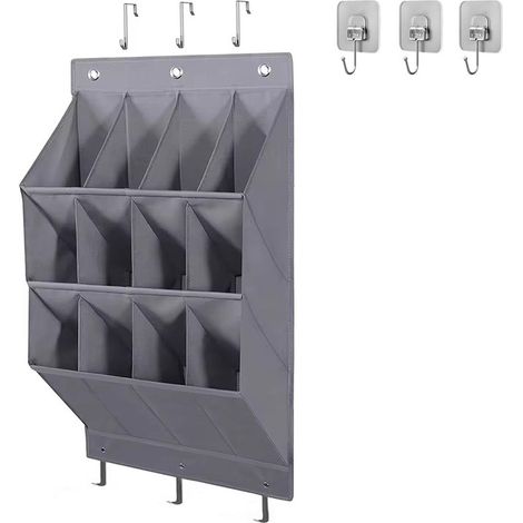 Zapatero para colgar sobre la puerta, 12 bolsillos, bolsillos grandes y profundos, tela Oxford 600D gris con 6 ganchos para zapatos, pantuflas, accesorios para el hogar, etc. (1/4)
