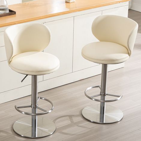 Tabouret de bar pivotant et réglable en hauteur, dossier en acier inoxydable, blanc
