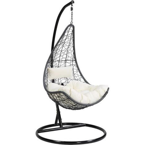 Vente-Unique – Fauteuil suspendu en résine tressée – Noir – 1 place – Coussins déhoussables résistants à l'eau et aux UV – Pied en métal stable