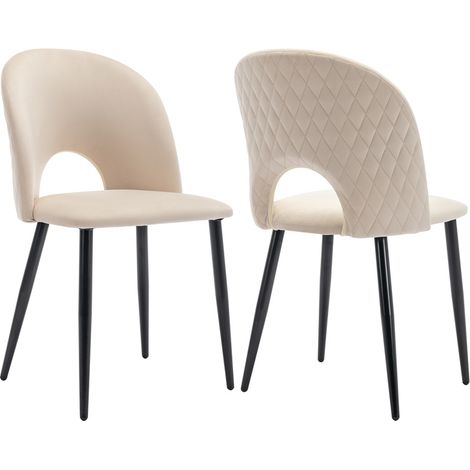 Lot de 2 chaises de salle à manger, rembourrée avec dossier, assise en velours, structure en métal, motif diamant à l'arrière, 47x44x84cm, Beige (1/5)