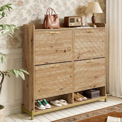 Meuble à Chaussures - avec 4 Abattants - Rangement 18 Paires - Scandinave et Épuré - Entrée et Couloir - Bois - 108 cm (1/5)