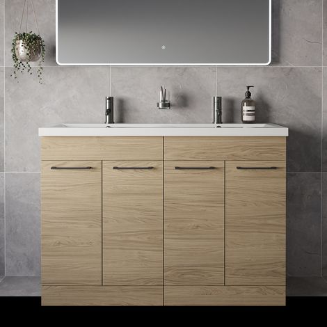 Napoli 390 Light Oak 1200mm 4 Door Vanity Unit with Double Glide Basins - 1200mm - Gunmetal Grey 160mm Handle