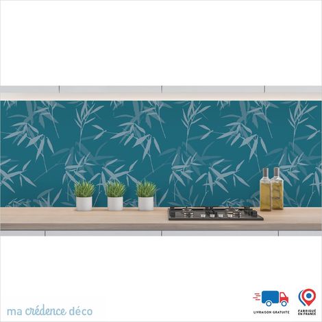 Crédence : Feuilles et bambou 2 - Couleur Bleu nacré - Alu composite - 120 - 60 (1/3)