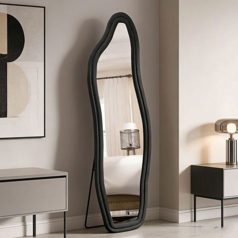 Specchio da terra 160 x 50 cm nero - forma di delfino, cornice in velluto, vetro temperato HD