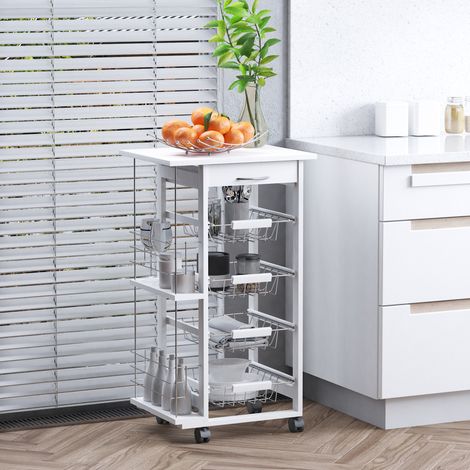 Chariot de cuisine en bois blanc, peu encombrant, avec rangements pour les aliments, 1 plan de travail, 1 tiroir et 4 paniers métalliques, 47 x 37 x 83 cm (1/5)