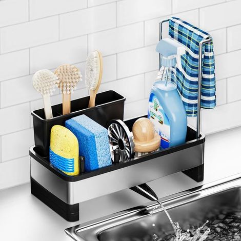 Porta spugna per lavello da cucina, contenitore per la cucina, scolapiatti in acciaio inox nero e PP, organizer per lavello, porta spugna multifunzionale per lavello da cucina con drenaggio (1/5)