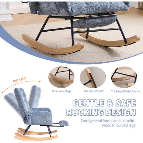 Fauteuil à bascule pour chambre de bébé avec coussin d'air, chaise berçante confortable pour lecture, fauteuil glisseur rembourré à dossier haut pour salon, chambre, bureau (chenille, bleu) (1/5)