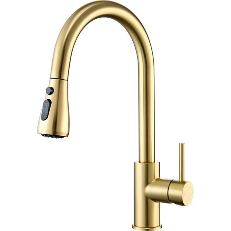 CECIPA MAX Mitigeur de cuisine à douchette extractible avec 2 jets, Robinet pour évier de cuisine avec douchette, pivotant à 360°, finition or brossé (1/5)