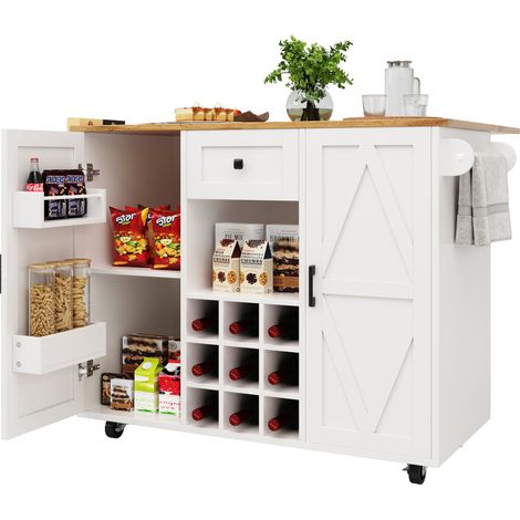 Îlot de cuisine moderne, meuble et buffet effet bois, table multifonction avec espace de rangement, desserte avec étagères à snacks et modules extensibles