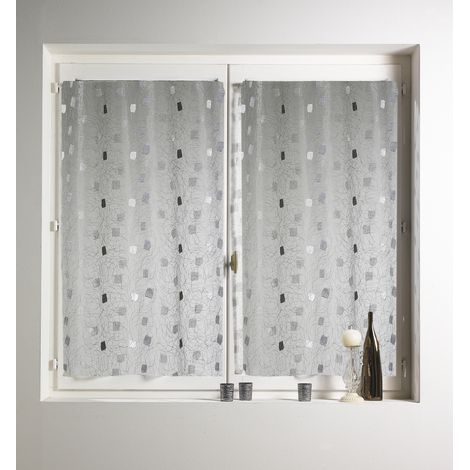 Paire de petits rideaux droit Jacquard brodés 'Carrés' Gris clair 45x120cm