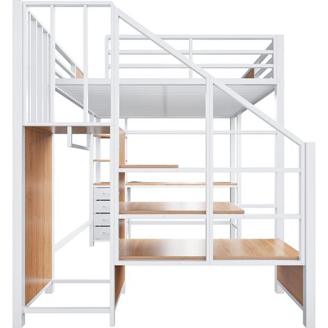 Letto a soppalco 140 x 200 cm in metallo bianco con scrivania, ripiani, armadio, LED e presa (1/5)