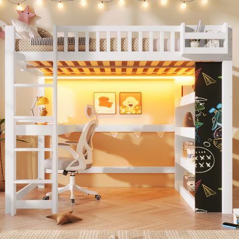 Lit mezzanine enfant en bois 140x200 cm avec éclairage LED bureau étagères à plusieurs niveaux et tableau noir Blanc (1/5)